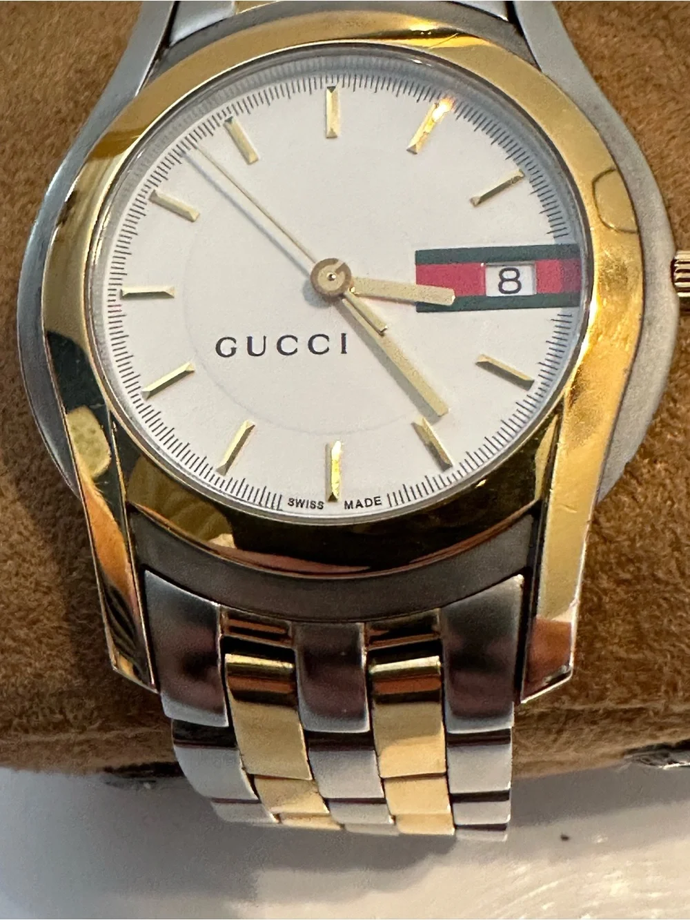 Vintage Gucci 5500M Two Tone Web Stripe Date Swiss Watch New Battery